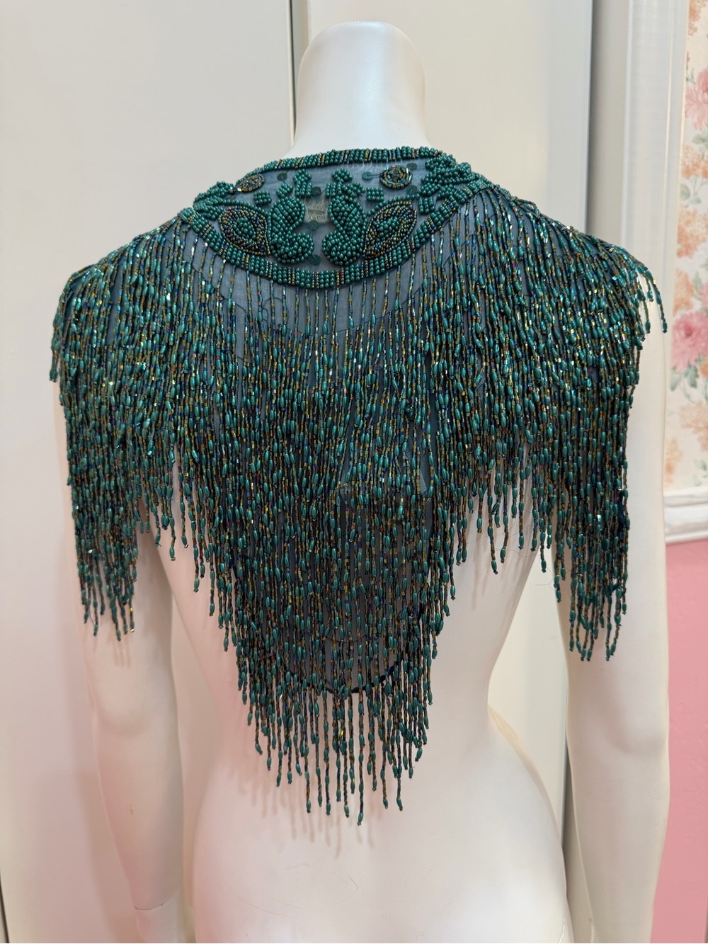 Y2K Silk Embellished Teal Beaded Fringe Capelet - Women Accessories